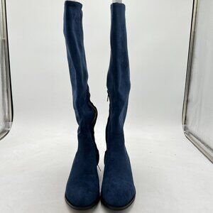 Navy Women's Suede Side Zipper Knee High Boots Over The Knee Low Heels Boots
